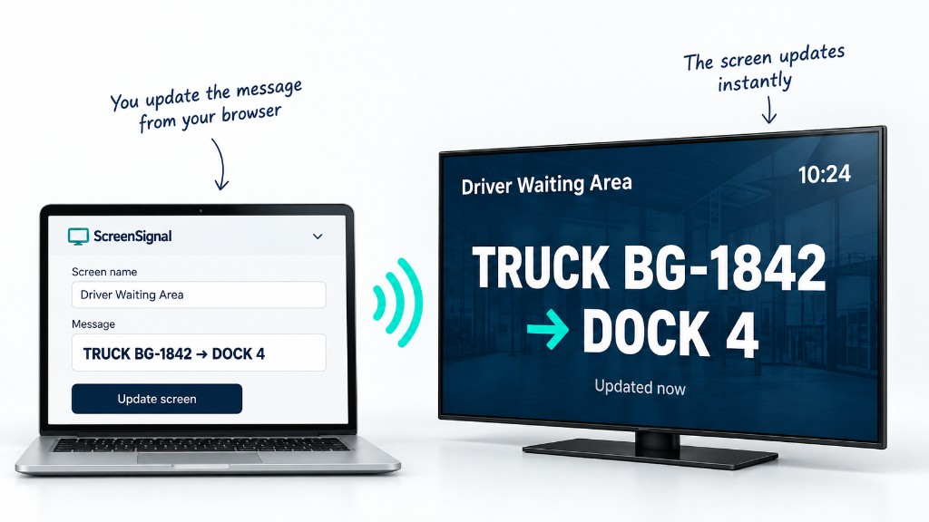 A browser controls a live message shown on a remote workplace display